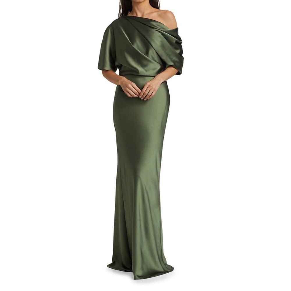 AMSALE Pryce Satin One Shoulder Gown Olive Size 4 - Picture 5 of 15